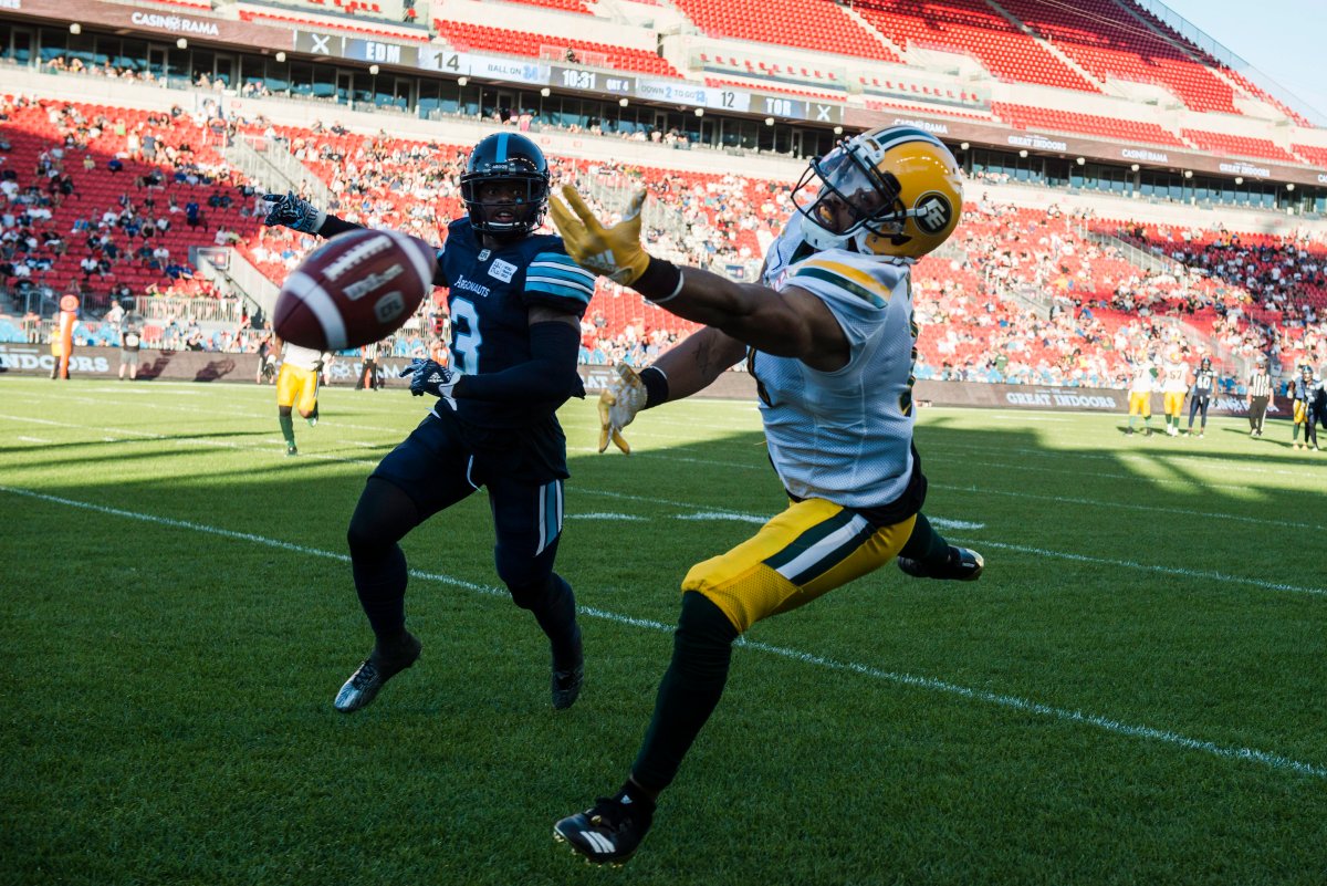 Edmonton Eskimos wide receiver Nate Behar (11) misses a catch near the Argos end zone in Third quarter CFL action in Toronto on Saturday, July 7, 2018. THE CANADIAN PRESS/Christopher Katsarov.