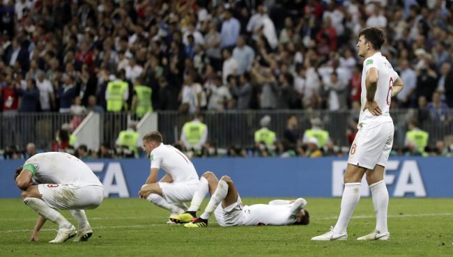 England's players react after losing their FIFA World Cup semi-final match to Croatia at the Luzhniki Stadium in Moscow, Russia, July 11, 2018.