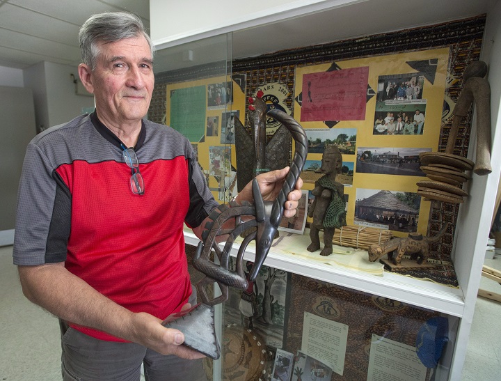 Guy Lavallée shows some of the gifts they have received from their twinned city of Sanankoroba, Mali, Thursday, July 12, 2018 in Ste- Elisabeth, Quebec. Ryan Remiorz/The Canadian Press