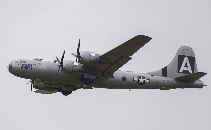 FIFI, a Boeing B-29 Superfortress takes a tour around Saint-Hubert airport south of Montreal, Sunday, July 22, 2018.