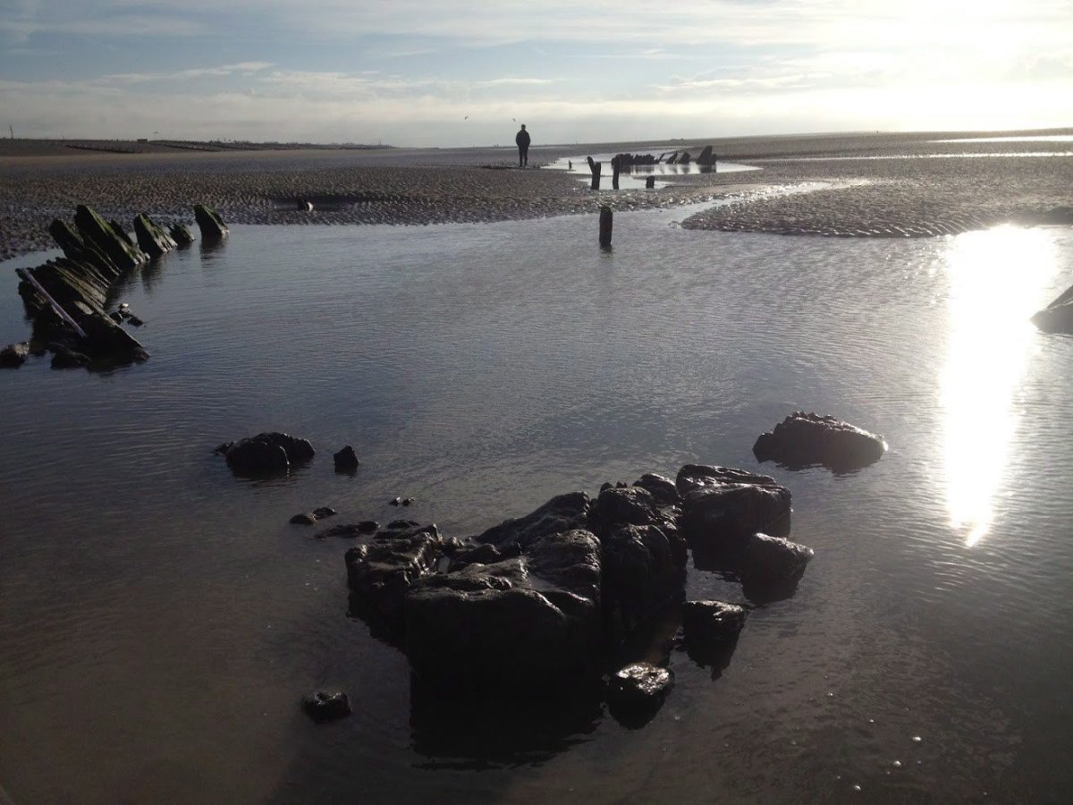 Remnants of a shipwreck on Camber Sands, England, is seen in this undated handout photo. Researchers say remnants of a 175-year-old ship washed up on an England beach could be from a Nova Scotian vessel.