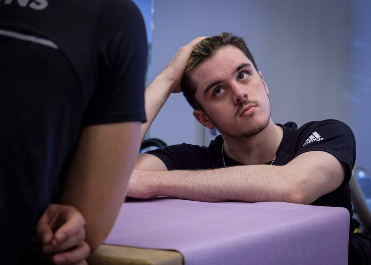 Humboldt Broncos bus crash survivor Ryan Straschnitzki, attends a physio session in Calgary, Alta., Monday, July 16, 2018.