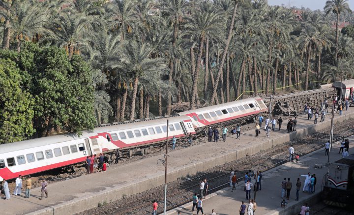 A general view of a passenger train which derailed in al-Badrasheen area of Giza province, south of Egypt's capital Cairo, Egypt, July 13, 2018. 
