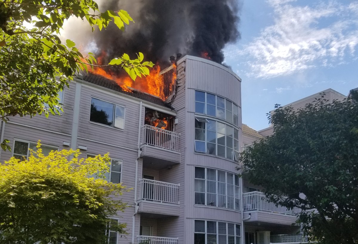 Flames shoot from the roof of a three-storey apartment building in Richmond. 