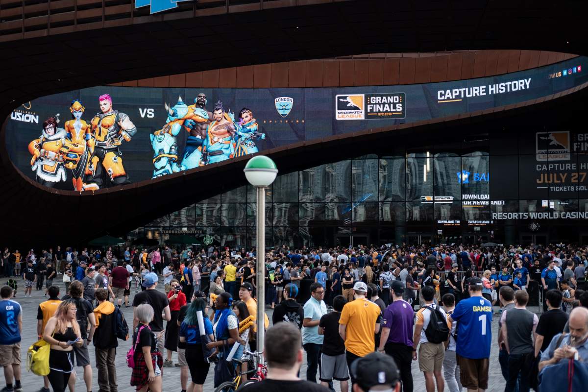 Fans gather outside the Barclays Centre Friday before the kickoff of the inaugural grand finals of the Overwatch League.