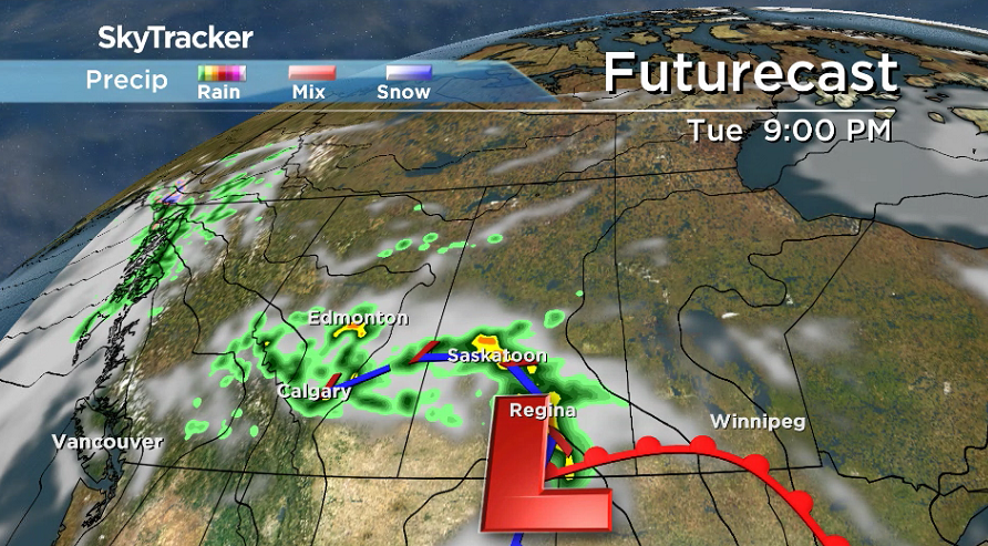 A low pressure system swinging through southern Saskatchewan will bring with it some severe thunderstorm activity on Tuesday.