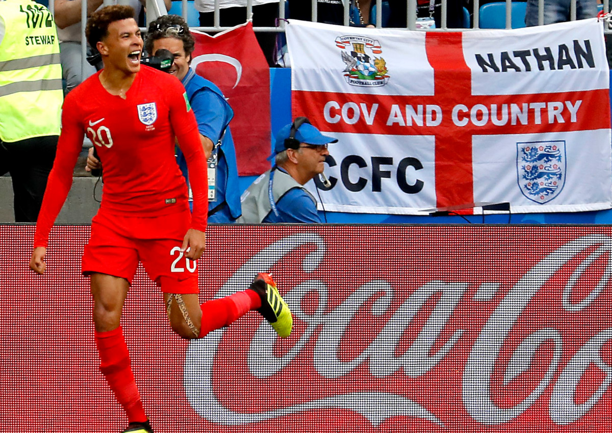 Dele Alli of England celebrates scoring the 2-0 lead during the FIFA World Cup 2018 quarter final soccer match between Sweden and England.