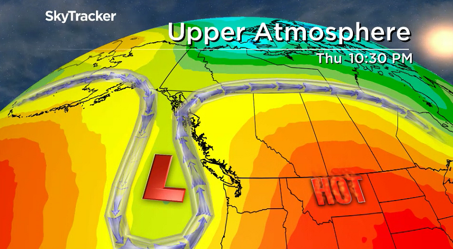 An upper ridge of high pressure helps pump 30 degree heat into the Okanagan on Thursday.