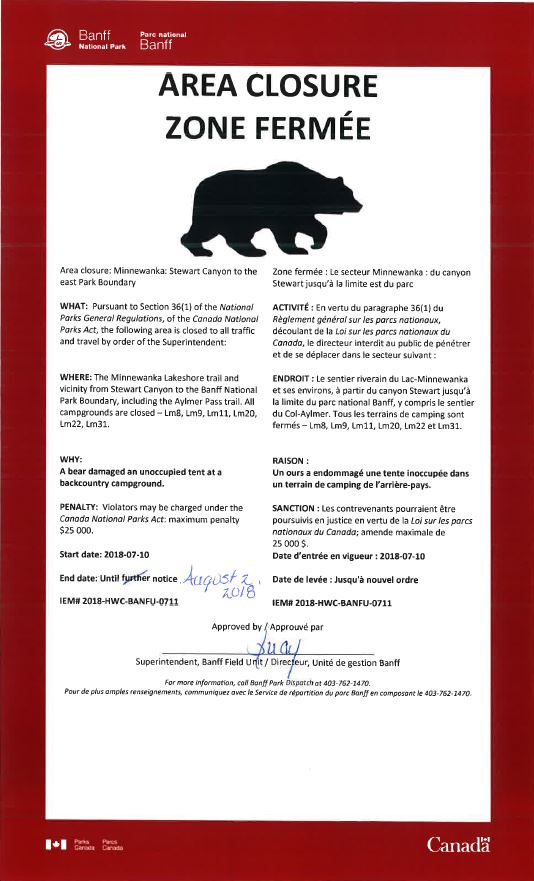 People exploring Banff National Park will not be allowed to access a stretch of it along Lake Minnewanka until next month after bear ended up in a backcountry campground.