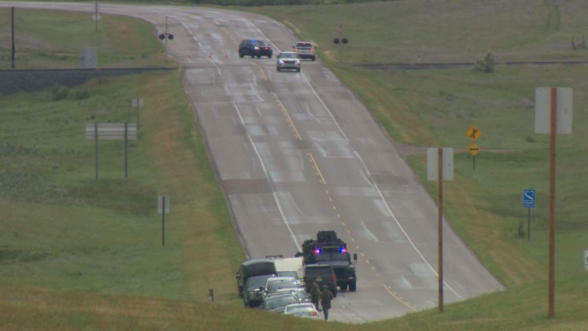 The scene involving a stolen truck on Highway 14 east of Biggar, Sask.