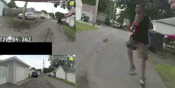 This June 23, 2018, image from multiple police cam videos provided by the Minneapolis Police Department shows a chase between Officers Justin Schmidt and Ryan Kelly and suspect Thurman Blevins, in Minneapolis.