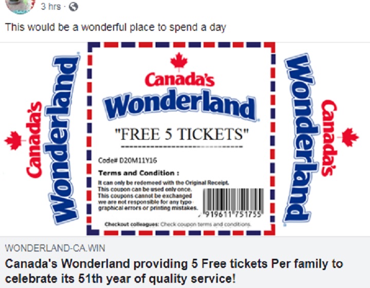 A fraudulent ticket scheme for Canada’s Wonderland is circulating on Facebook.