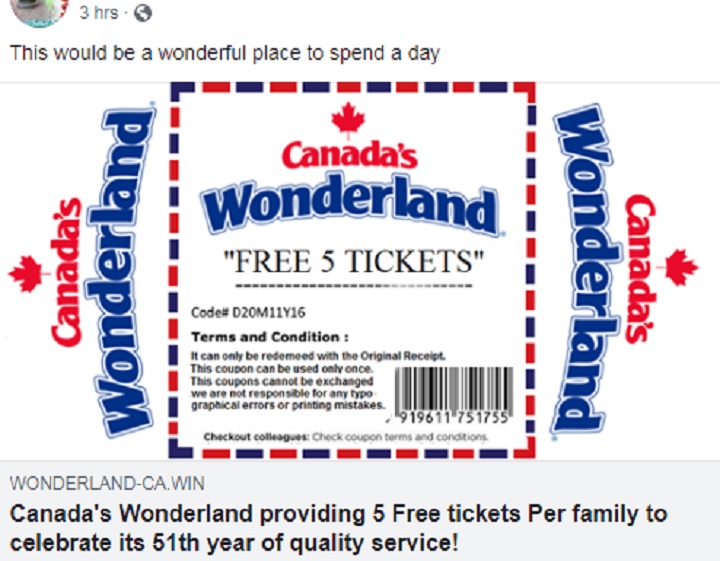 Fraudulent free tickets for Canada’s Wonderland circulating on Facebook