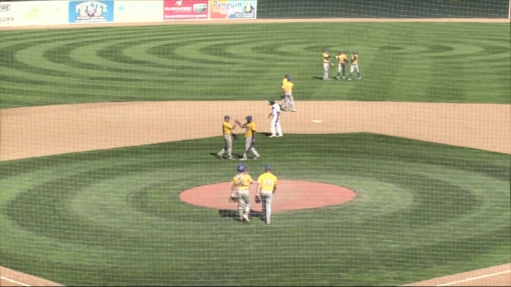 The Sioux Falls Canaries celebrate an 18 inning victory over the Winnipeg Goldeyes on Tuesday at Shaw Park.