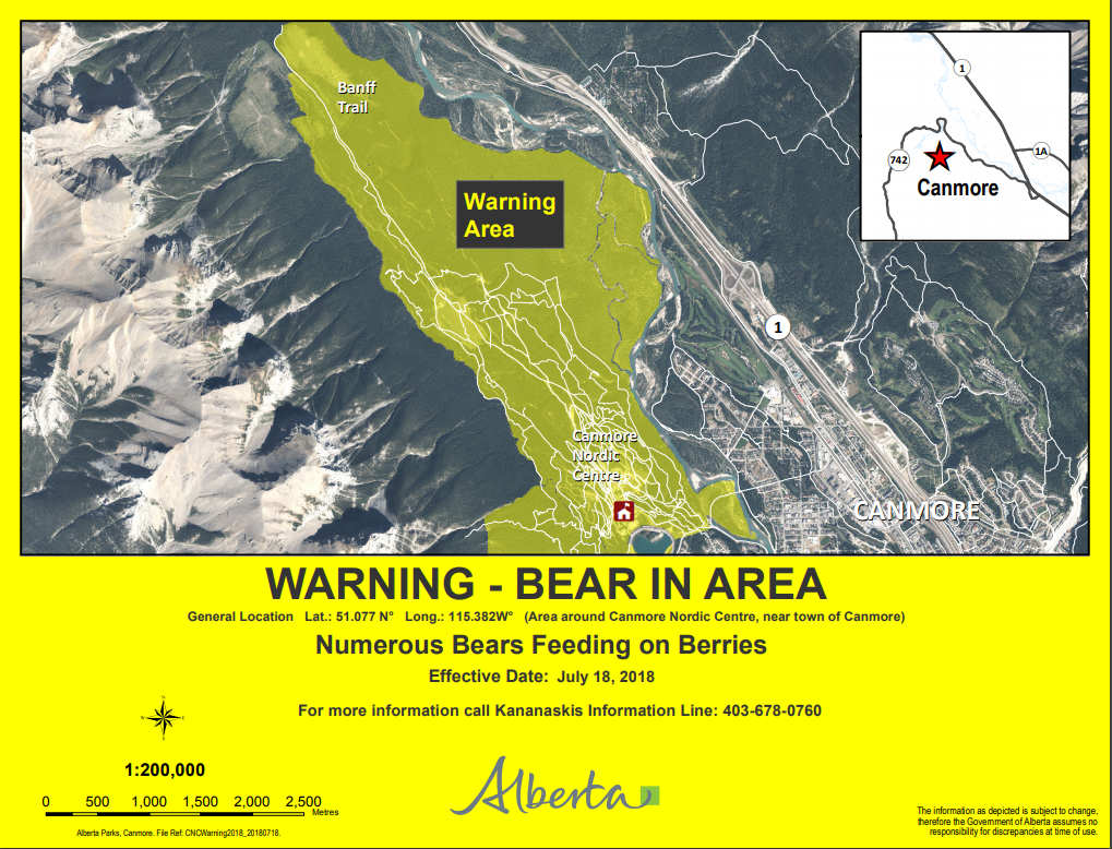 A bear warning has been issued for areas outside Canmore.