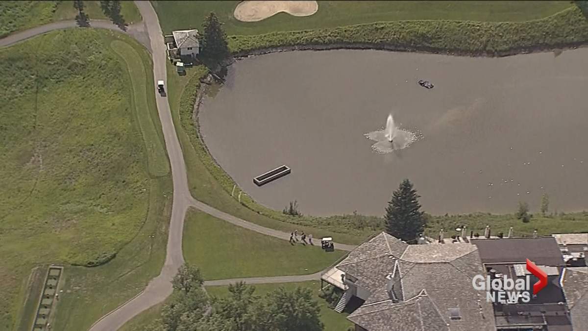 A car plunged into a pond at a Calgary golf course Monday afternoon. (Global News)