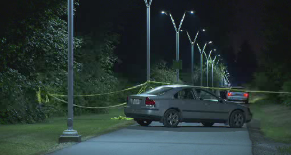 Police tape at the scene of a stabbing in Burnaby's Central Park on Thursday, July 26.