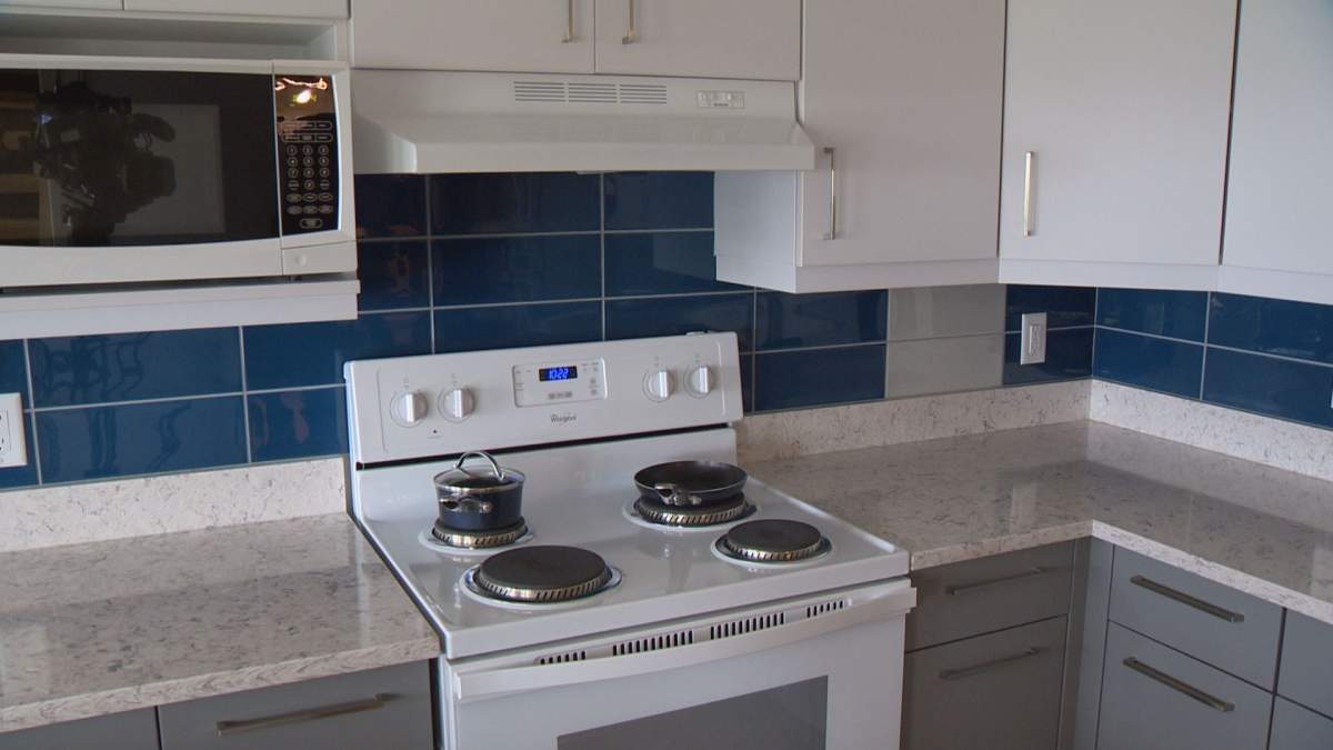 The kitchen in one of The Colourful House units in College West at the University of Regina.