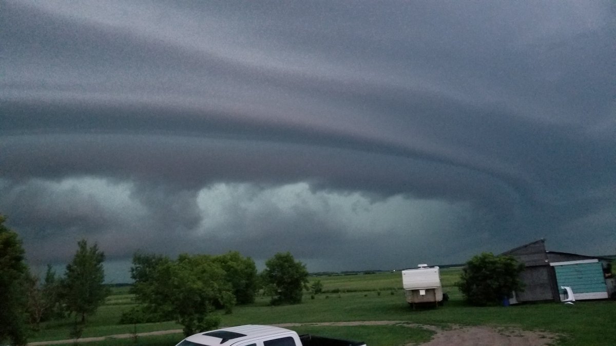 Shelf cloud rolling in over Beausejour, Manitoba.