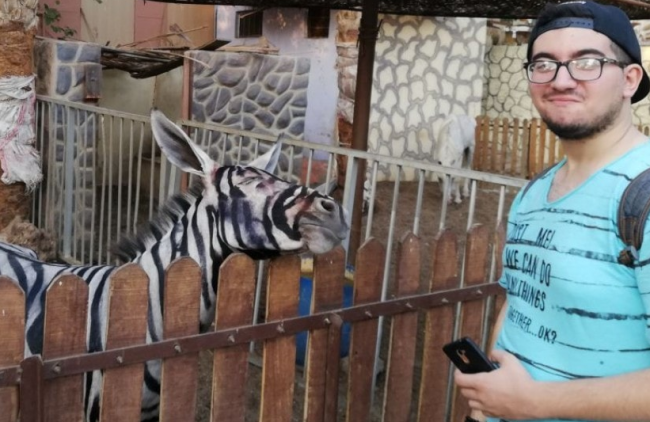 Mahmoud Sarhan poses next to an animal he alleges is a donkey and not a zebra, in this photo uploaded to Facebook on July 21, 2018.