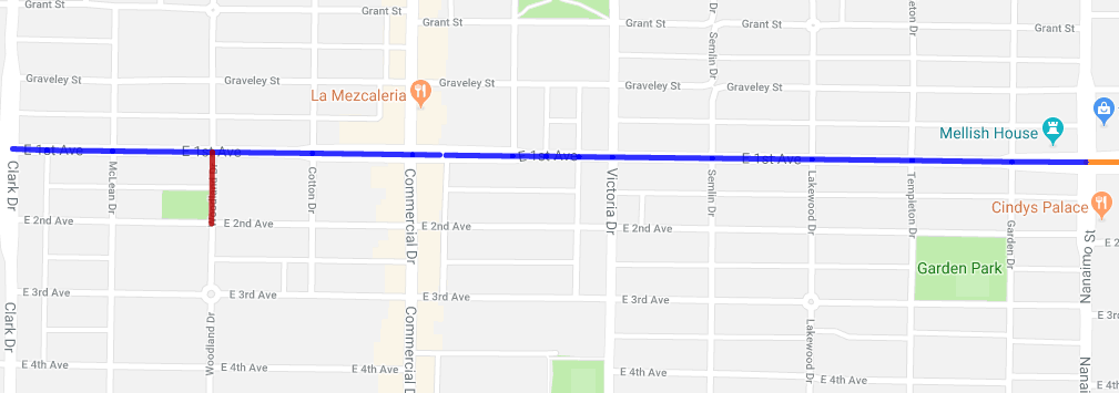 Map of a closure along East 1st Avenue in Vancouver due to upgrades to a Fortis gas pipeline.