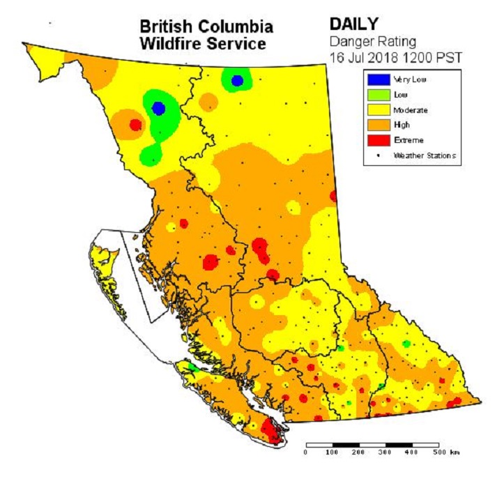 The provincial fire danger rating map from Monday, July 16, 2018.