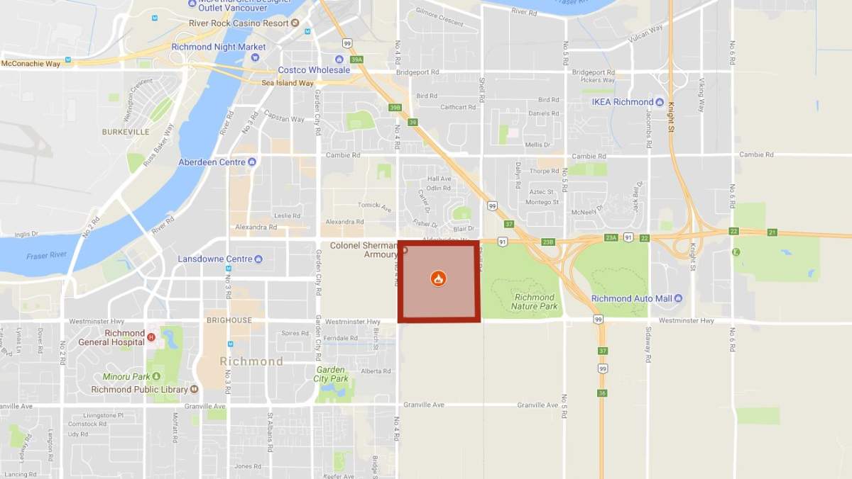 Richmond firefighters say the area bounded by No. 4 Rd., Alderbridge Way, Shell Road and Westminster Highway is an “active wildfire” area and strictly off limits.