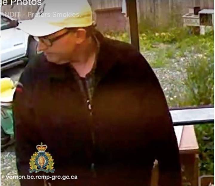 A photo from video footage of the man who is allegedly involved in stealing from the ‘honour fridge’ from a farm in Vernon, B.C.