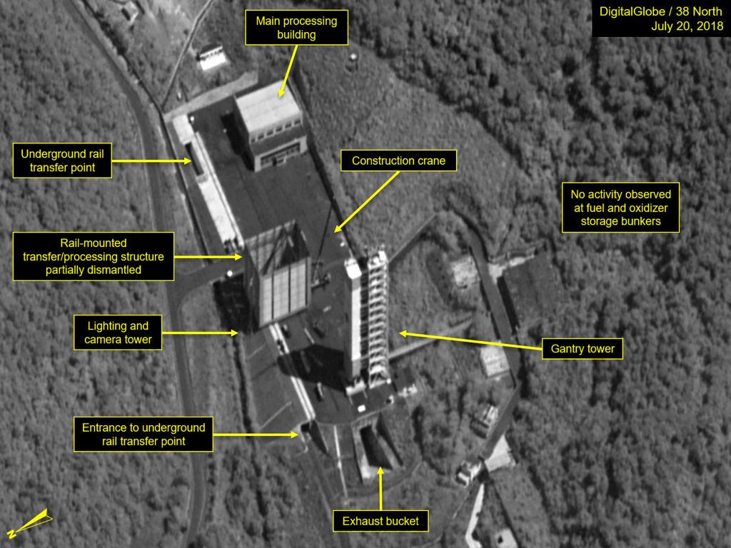 By July 20, dismantlement had begun of the rail-mounted transfer structure on the Sohae launch pad.  