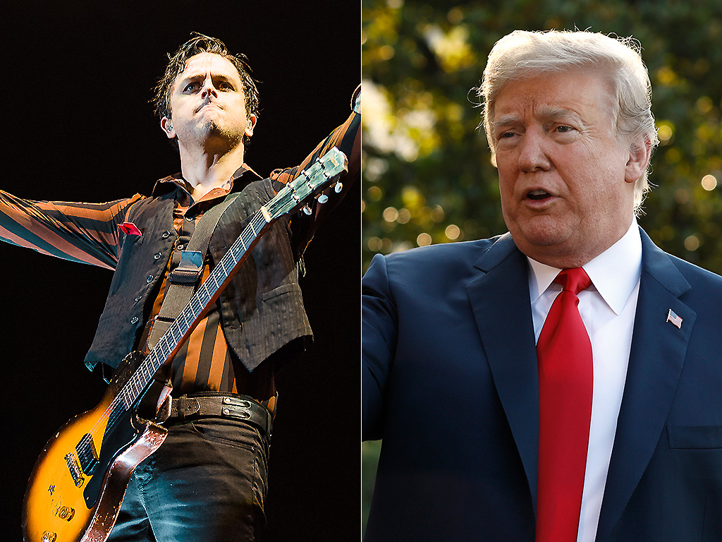 Green Day lead singer Billie Joe Armstrong performs in 2018, and Donald Trump answers questions in a scrum.