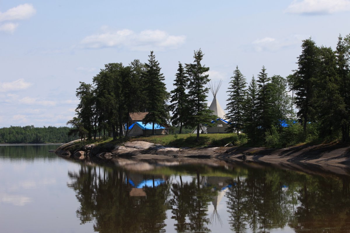 A community camp in the Pimachiowin Aki boreal forest region.