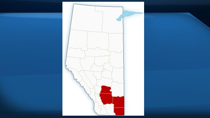 Areas in red indicate parts of Alberta where a heat warning was issued on July 5, 2018.