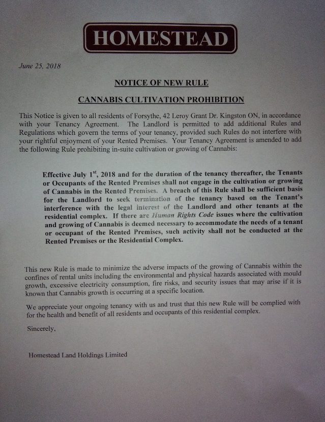 This letter was distributed by a Kingston property management company to its tenants prohibiting them from growing cannabis in their units after legalizing marijuana.