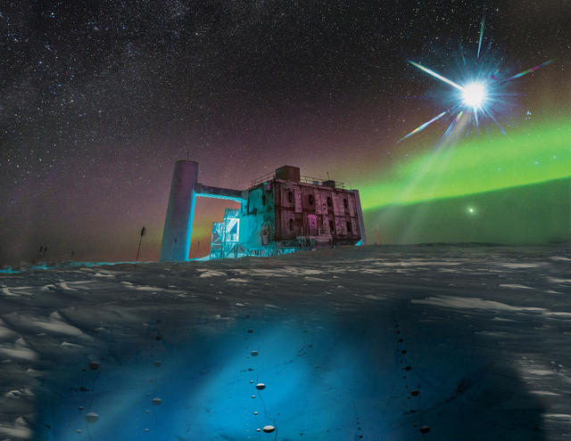 An artistic rendering, based on a real image of the IceCube Lab at the South Pole, a distant source emits neutrinos that are detected below the ice by IceCube sensors, called DOMs. 