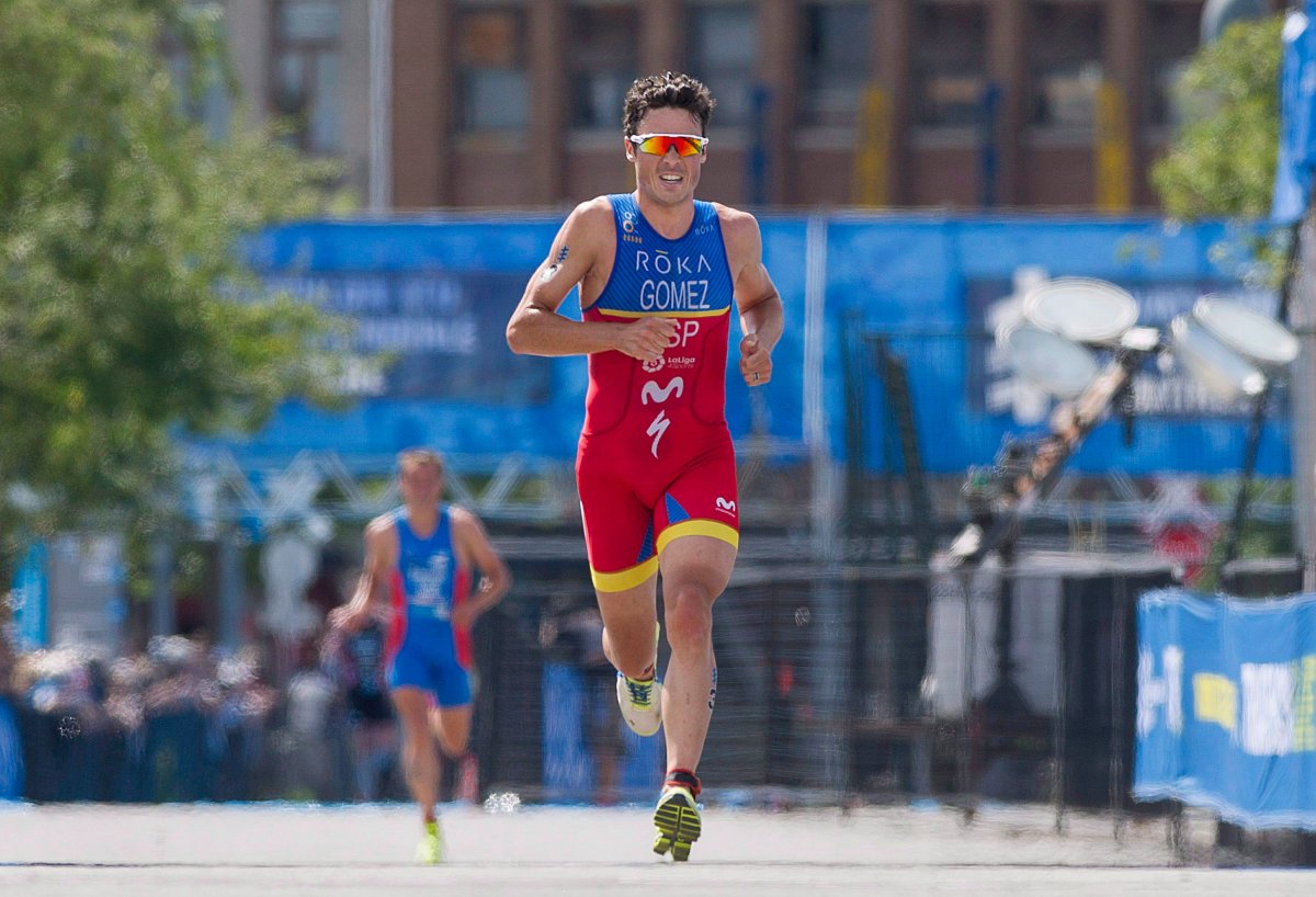 Javier Gomez Noya of Spain runs his way to a first place finish at the Montreal ITU World Triathlon Series race, Sunday, August 6, 2017. 