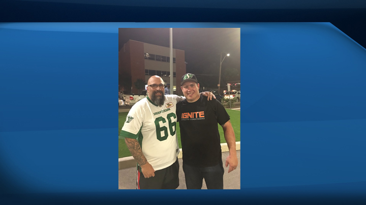 New Yorker Joe Lozito meets Dan Clark on July 19 at Tim Hortons Field in Hamilton for his first Saskatchewan Roughriders game.  