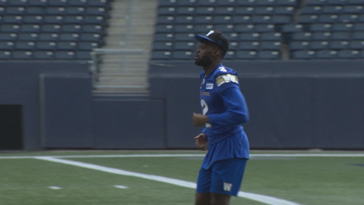 Winnipeg Blue Bombers receiver Kenbrell Thompkins takes part in Thursday's walk-through at Investors Group Field.
