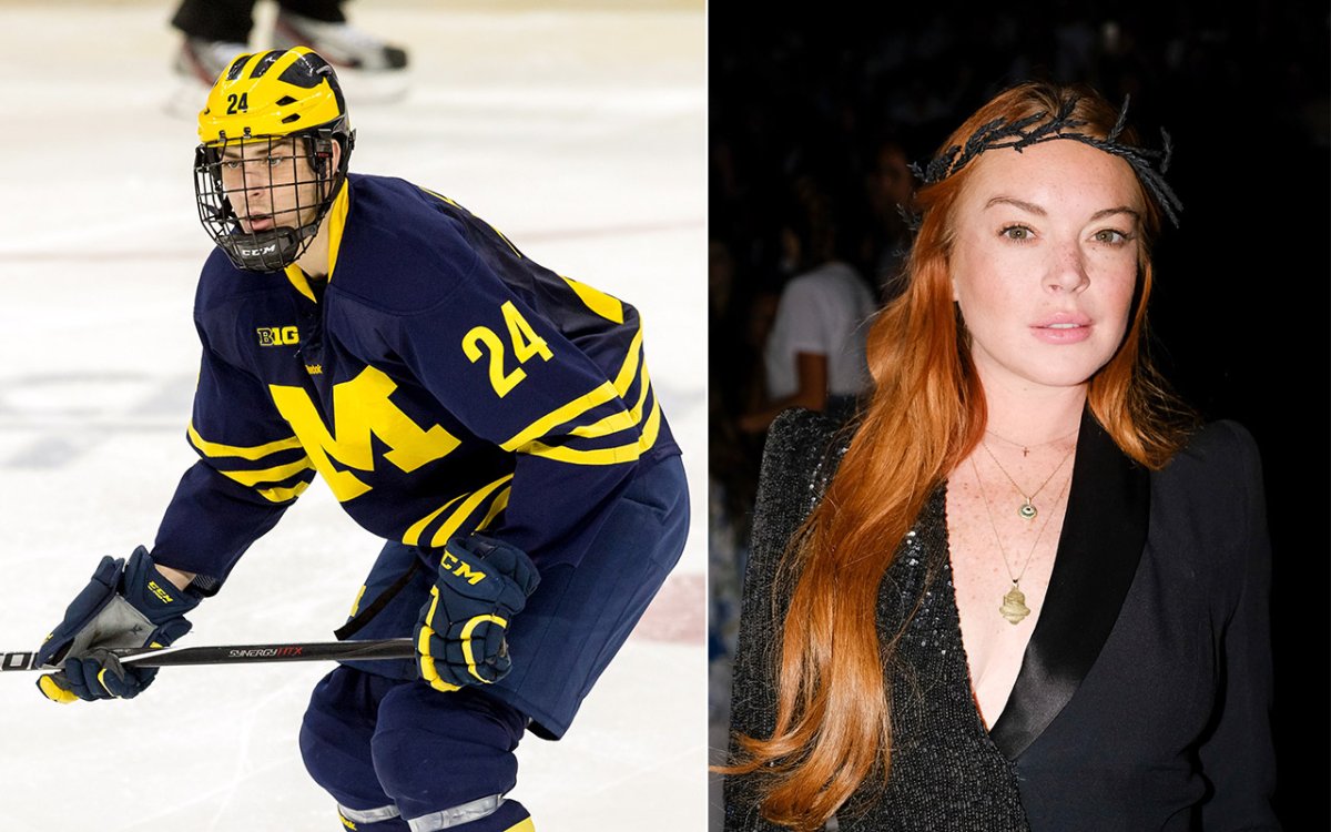 (L-R):  Kevin Lohan #24 of the Michigan Wolverines and his cousin Lindsay Lohan.