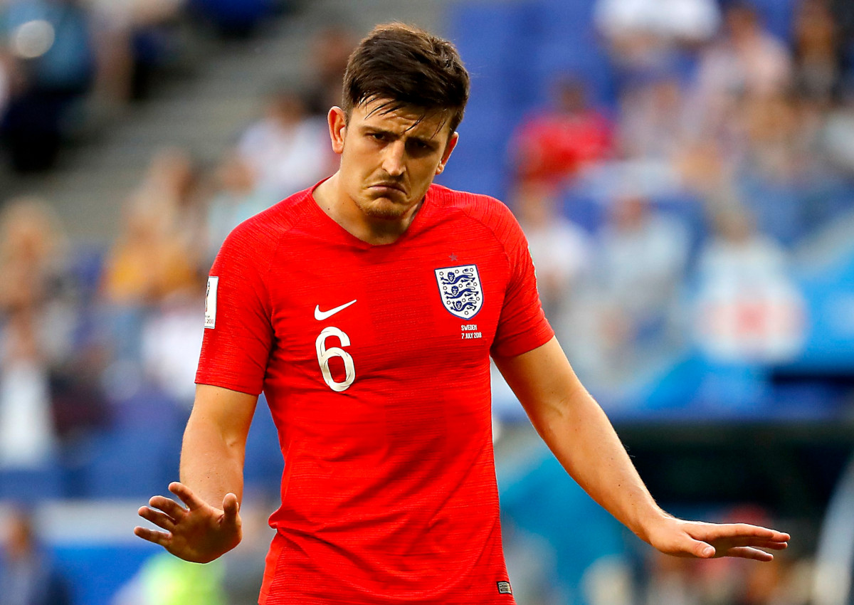 Harry Maguire of England reacts during the FIFA World Cup 2018 quarter final soccer match between Sweden and England.