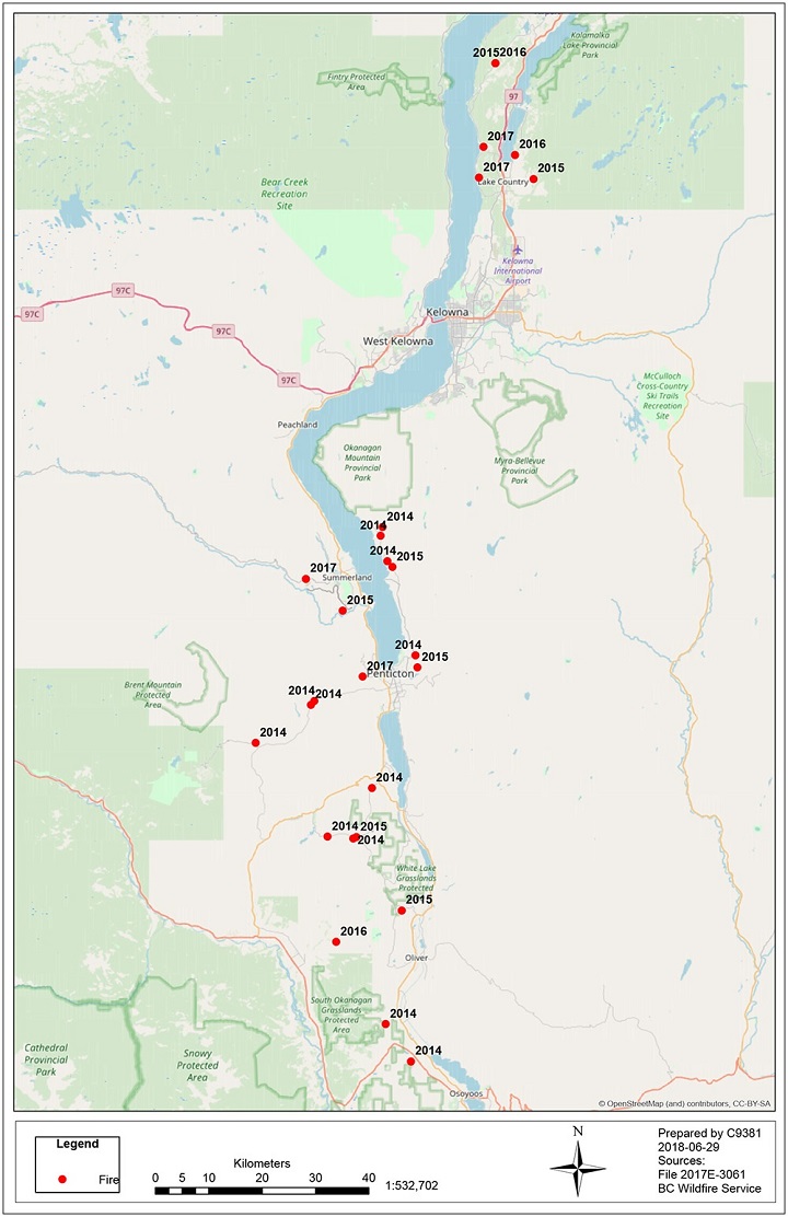 A map of fires throughout the Okanagan that RCMP say have been deliberately set.