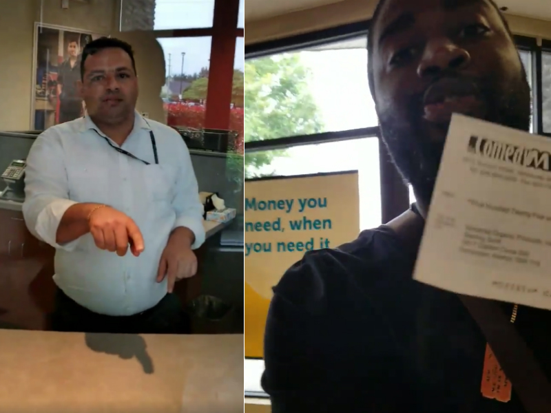 At left, a clerk at Money Mart in Maple Ridge, B.C. At right, Sterling Scott, a comedian who said the clerk would give no explanation for not cashing his cheque.