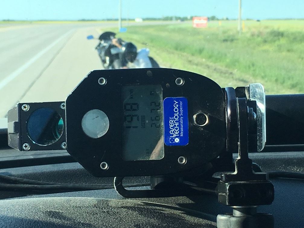 Winnipeg police caught a motorcyclist going 198 km/hr in a 90 zone. 