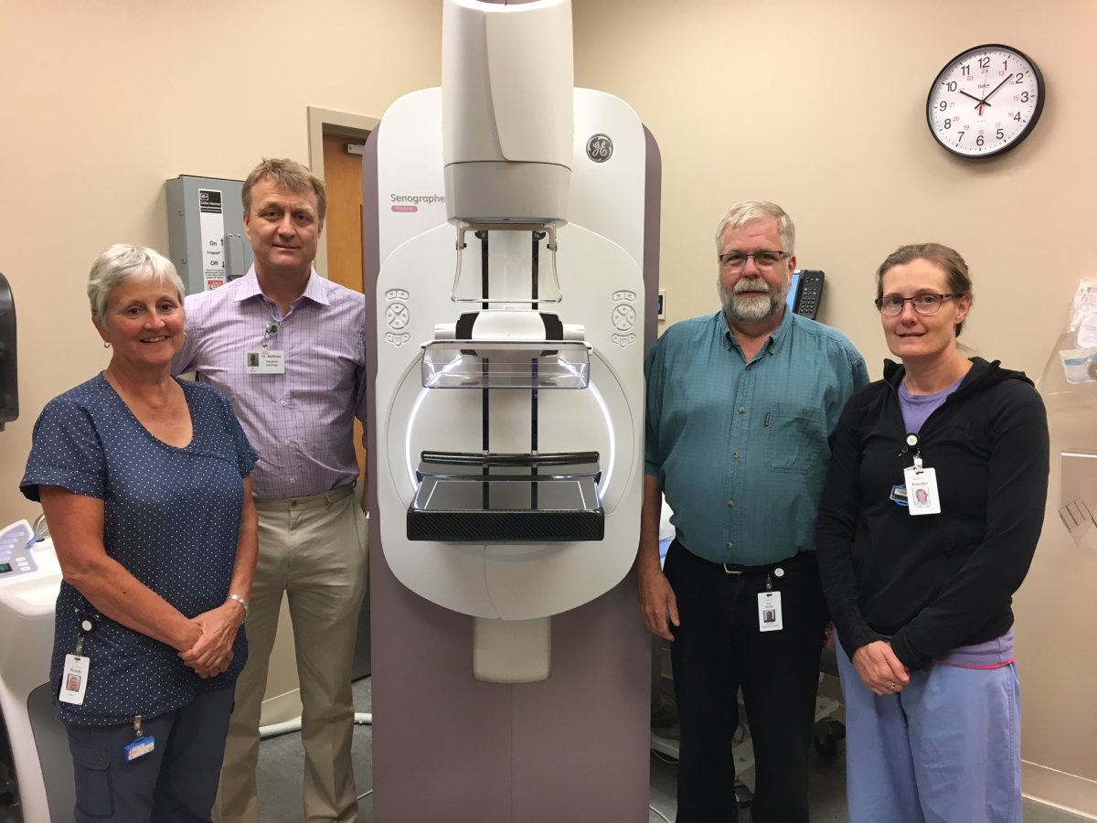 Northumberland Hills Hospital officials unveil a new digital mammography unit. Shown, from left, Wendy Scott, senior mammography technologist; Dr. Matthew Vaughan, Chief of Radiology; Ian Moffat, Director of Diagnostic Imaging and Jennifer Fudge, Diagnostic Imaging Technologist.