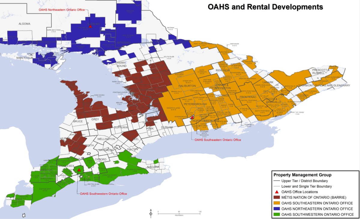 Map showing properties overseen by the Ontario Aboriginal Housing Society.