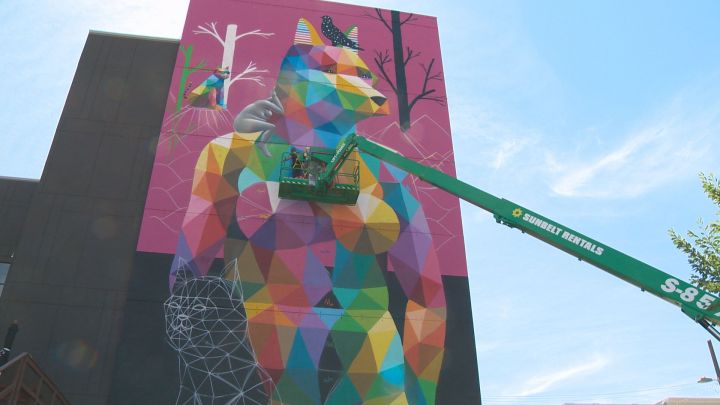 Spanish street artist Okuda San Miguel’s Edmonton mural neared completion on Monday afternoon.