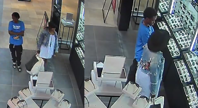 Barrie police are looking to identify two suspects (above) accused of stealing seven pairs of sunglasses from a store in the Georgian Mall.