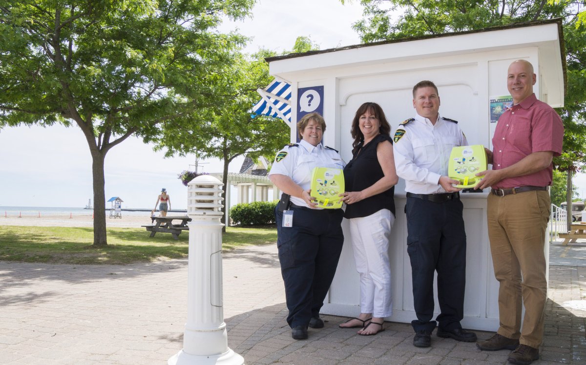Northumberland Paramedics and the Town of Cobourg have partnered to add AEDs to Cobourgs waterfront. Taking part in the launch, from left, Susan Brown (Northumberland Paramedics Deputy of 
Operations); Shannon Murphy (Cobourg Emergency Planner/ Risk 
Assessment); John Lindsay (Northumberland Paramedics Deputy Chief of Quality Improvement); Dean Hustwick (Cobourg Director of Recreation & 
Culture).
