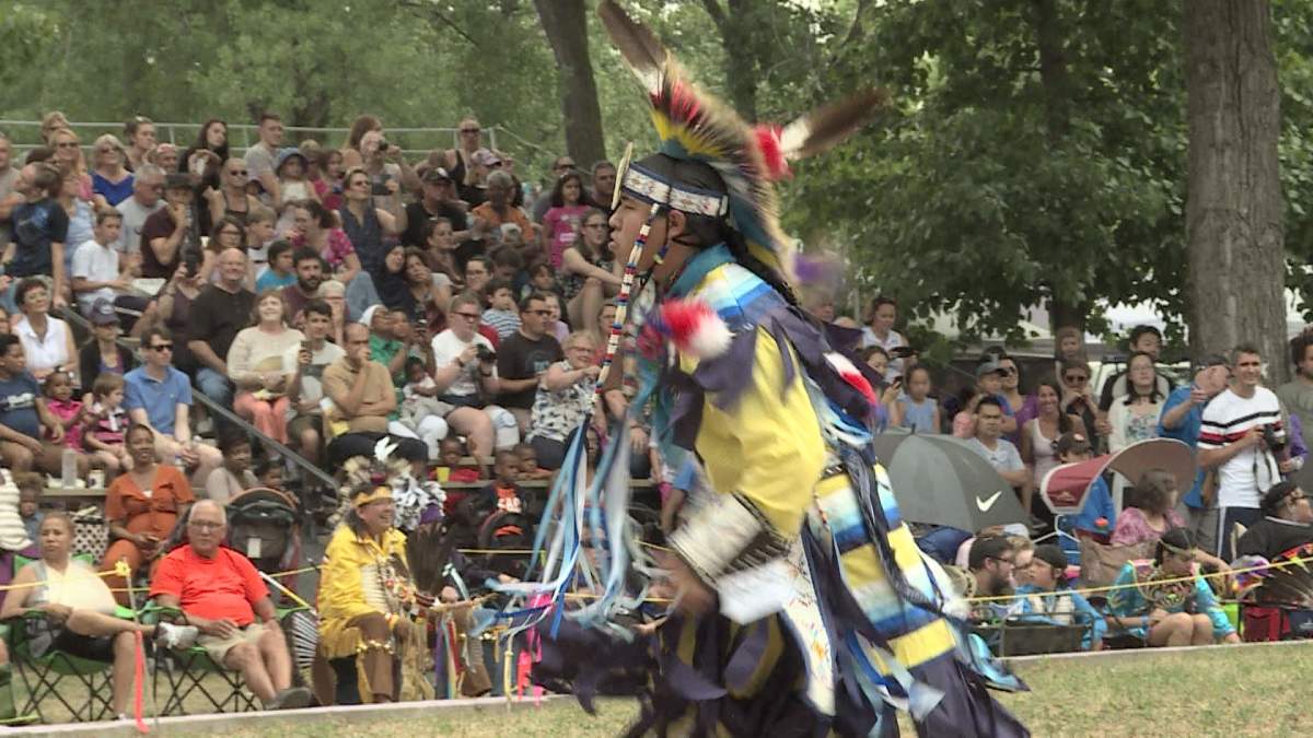 A dancer performs during the annual 28th annual Echoes of a Proud Nation Powwow in Kahnawake.  