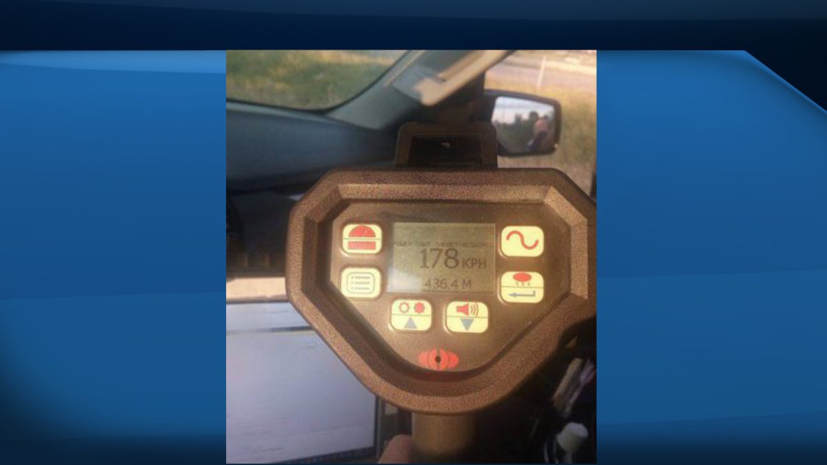 A radar gun shows the speed after a driver was charged with stunt driving on the QEW on Wednesday morning.