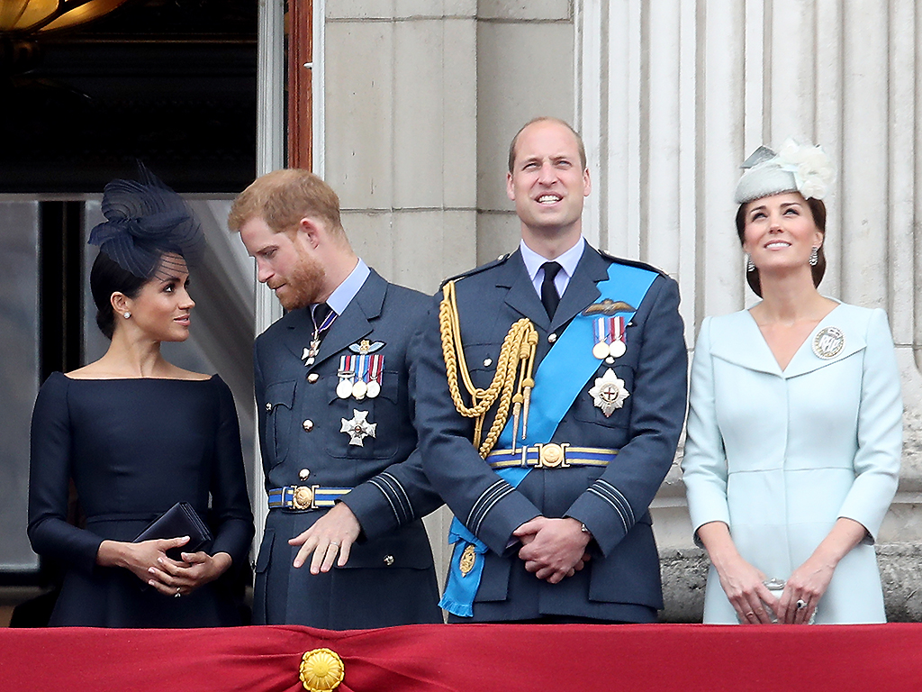 Meghan, Duchess of Sussex, Prince Harry, Duke of Sussex, Prince William, Duke of Cambridge and Catherine, Duchess of Cambridge watch the RAF flypast on the balcony of Buckingham Palace.